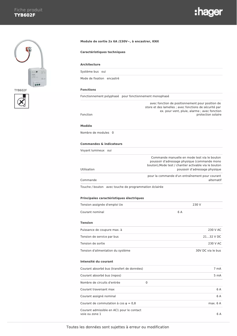 Page n°1 - Fiche technique Hager TYB602F