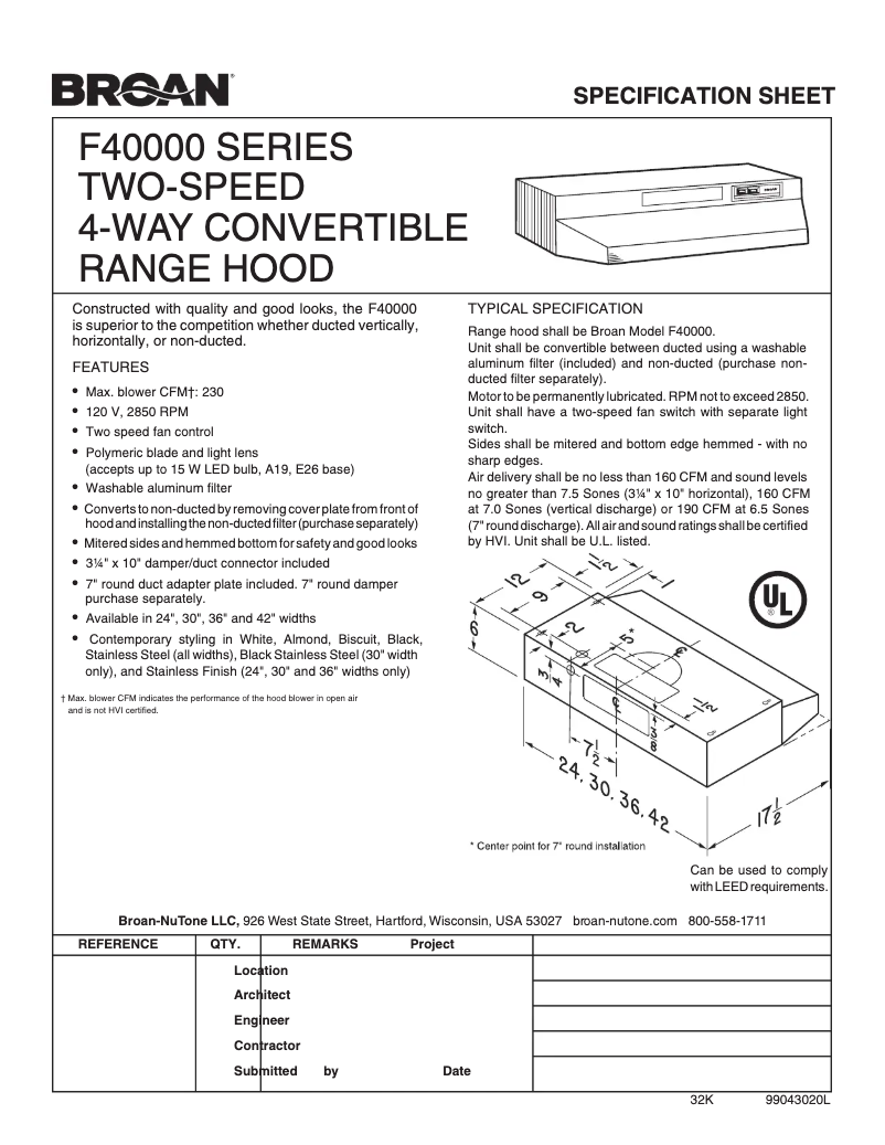 Page 1 de la notice Fiche technique Broan F403008