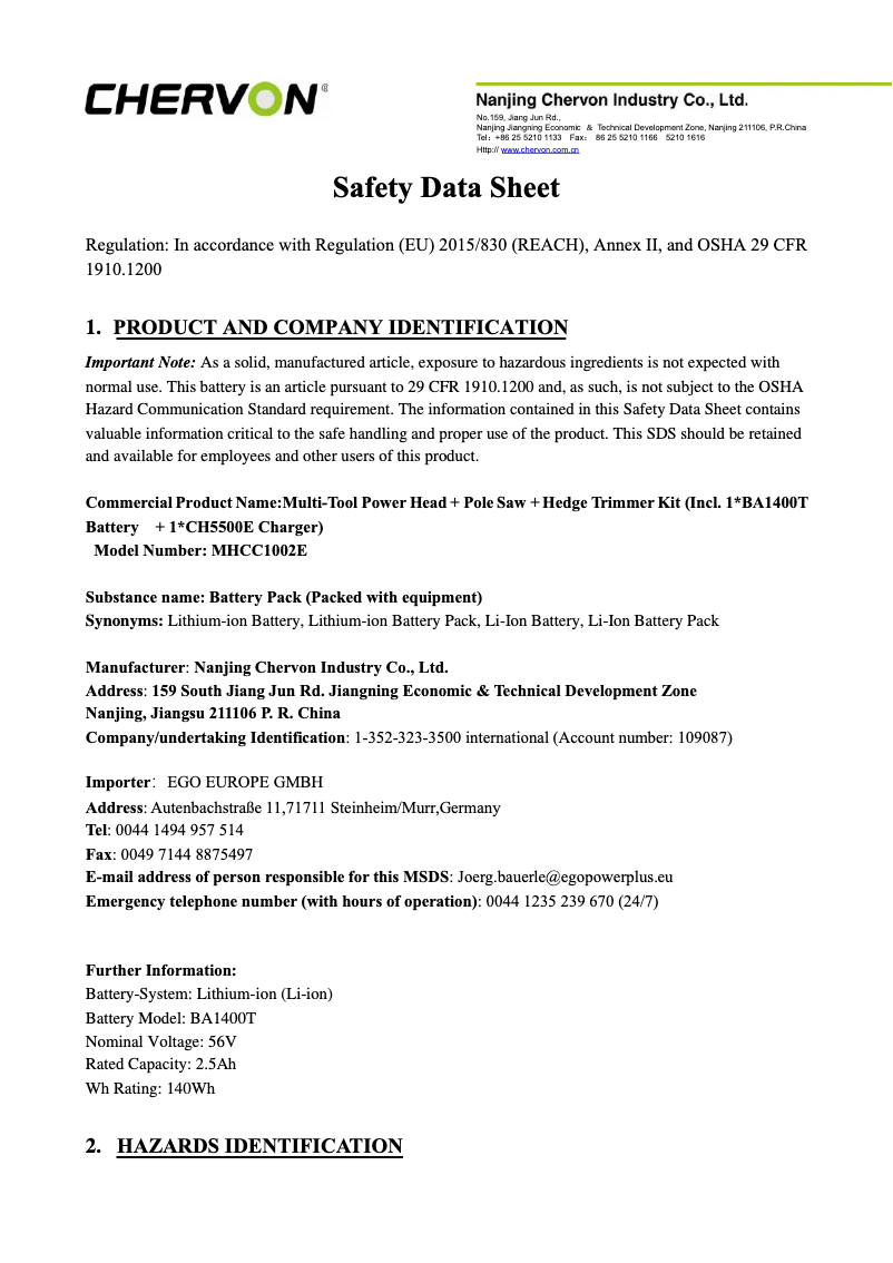 Page 1 de la notice Instructions de sécurité EGO MHCC1002E