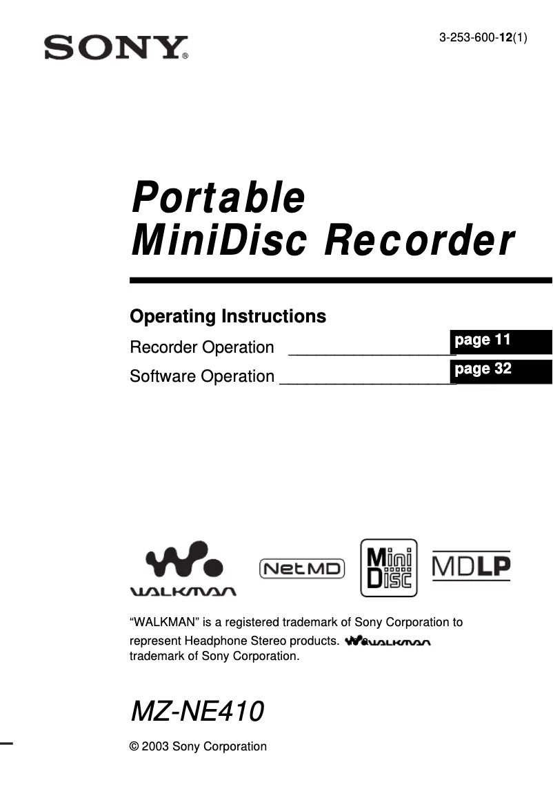 Image de la première page du manuel de l'appareil MZ-NE410