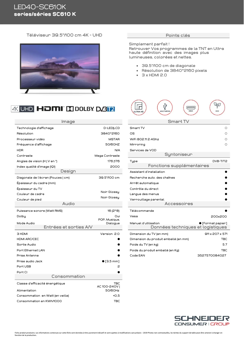 Page 1 de la notice Fiche technique Schneider LED40-SC610K