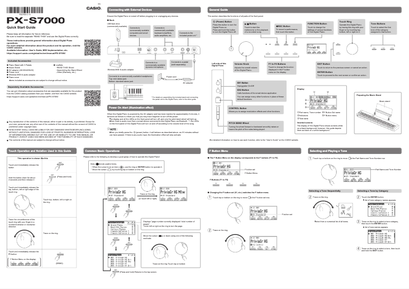 Page 1 de la notice Guide de démarrage rapide Casio Privia PX-S7000