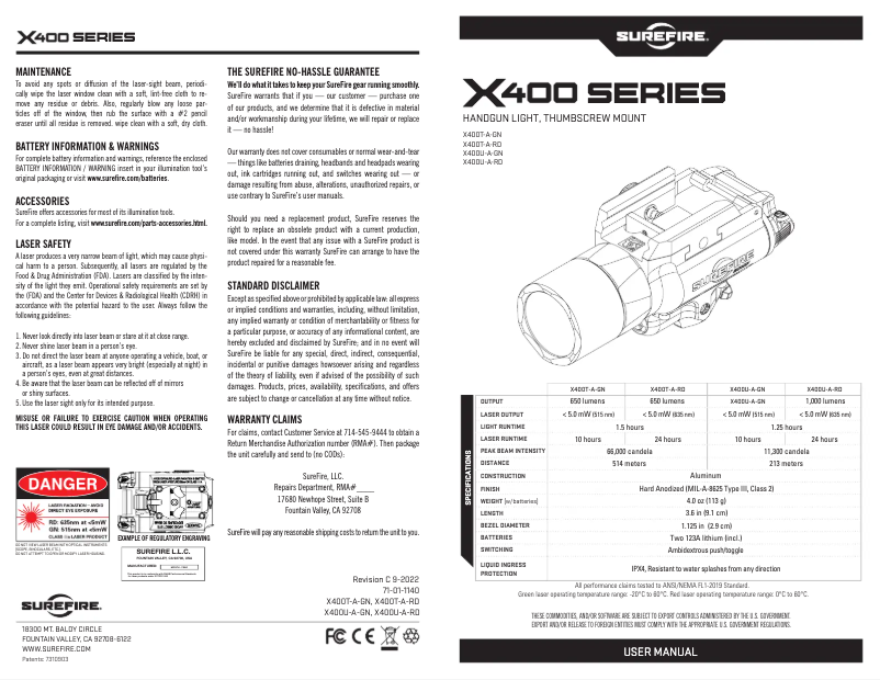Page 1 de la notice Manuel utilisateur SureFire X400T-A