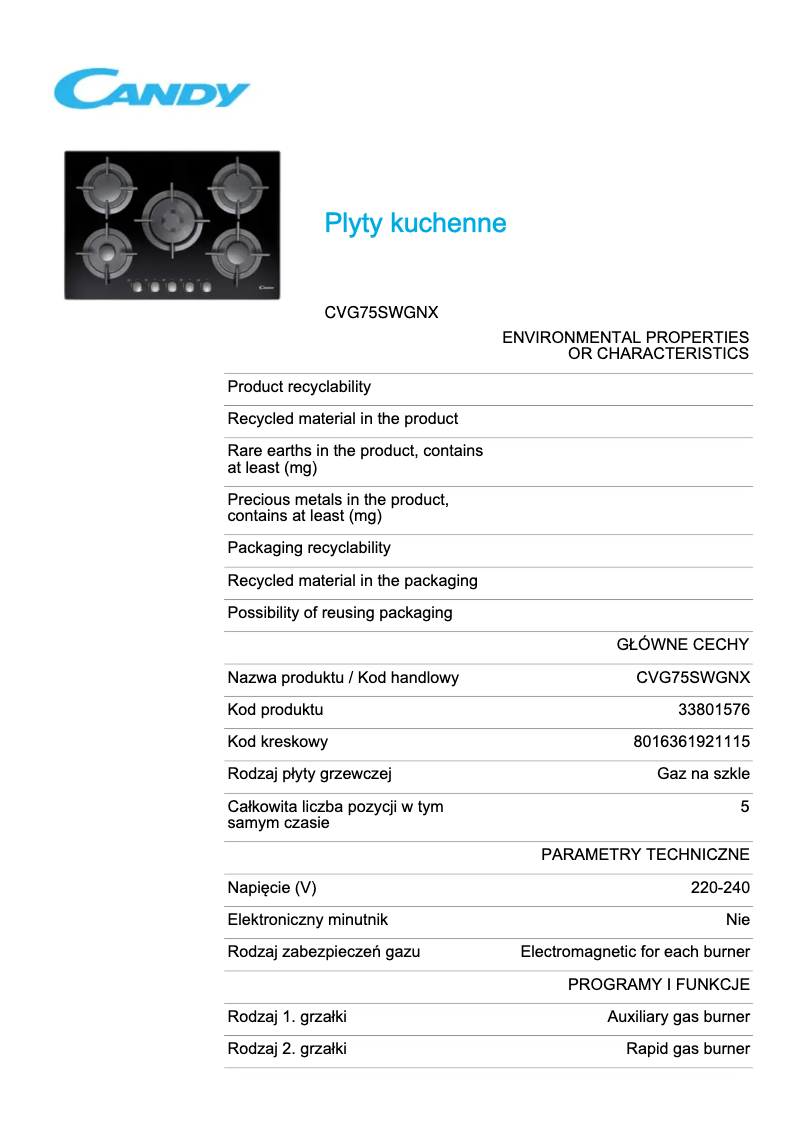Page 1 de la notice Fiche technique Candy CVG75SWGNX