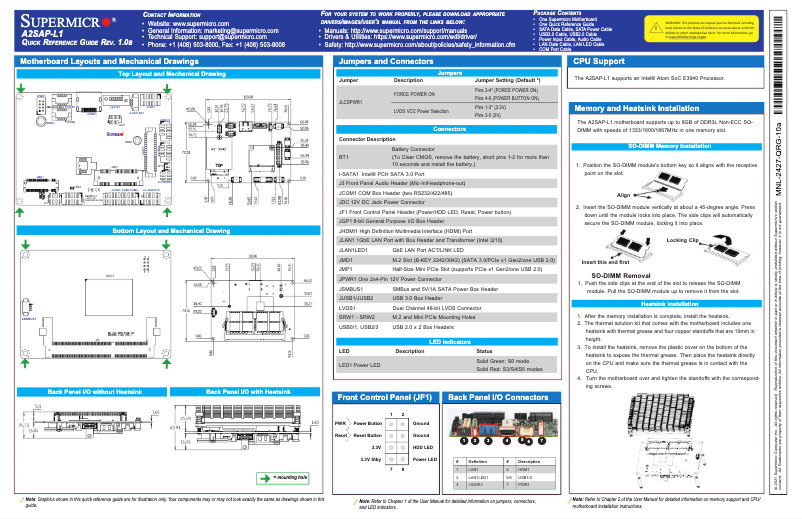 Page 1 de la notice Guide de démarrage rapide Supermicro A2SAP-L1