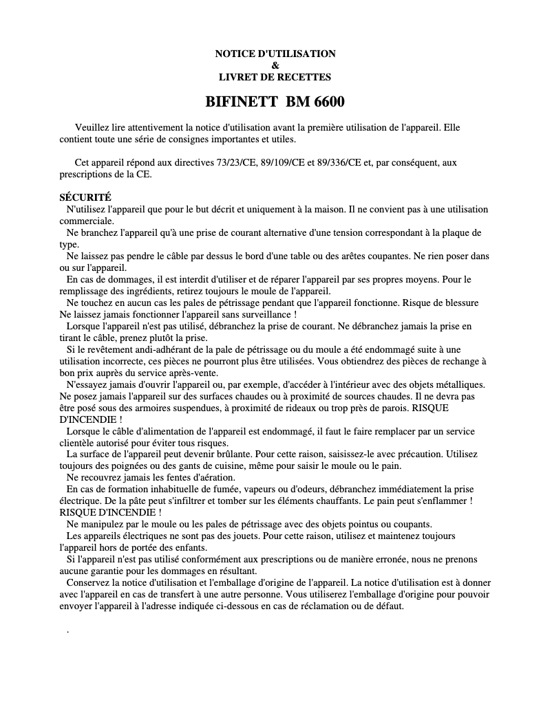 Page n°1 - Manuel utilisateur Bifinett BM 6600