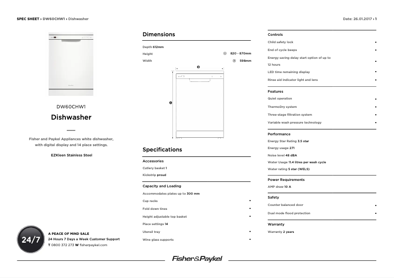 Page 1 de la notice Fiche technique Fisher & Paykel DW60CHW1