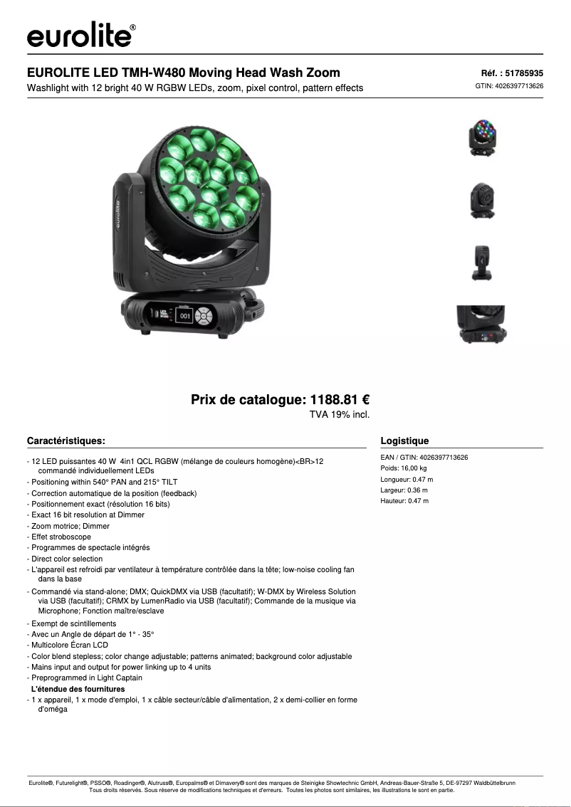 Page n°1 - Fiche technique Eurolite LED TMH-W480