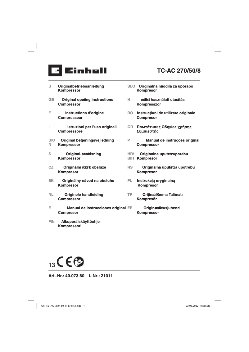 Page 1 de la notice Manuel utilisateur Einhell TC-AC 270/50/8