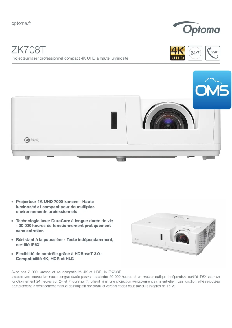 Page 1 de la notice Fiche technique Optoma ZK708T