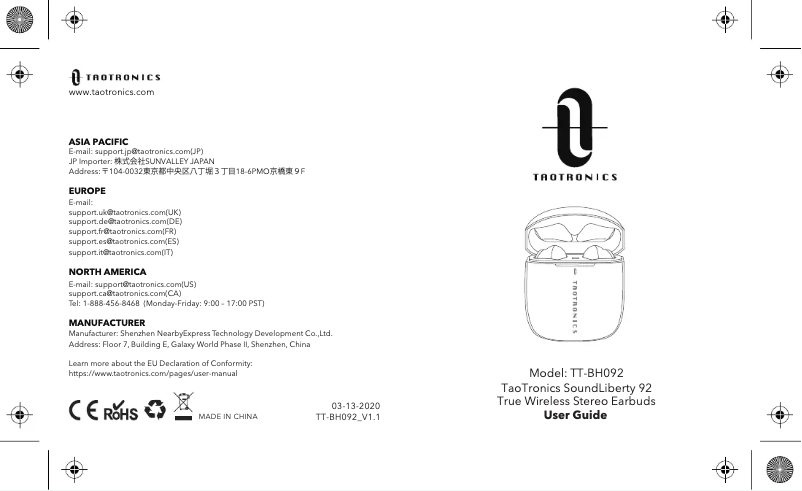 Page n°1 - Manuel utilisateur TaoTronics TT-BH092