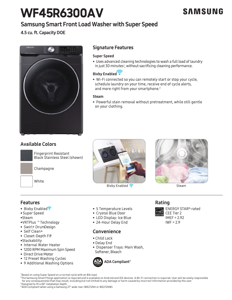 Page 1 de la notice Fiche technique Samsung WF45R6300AW