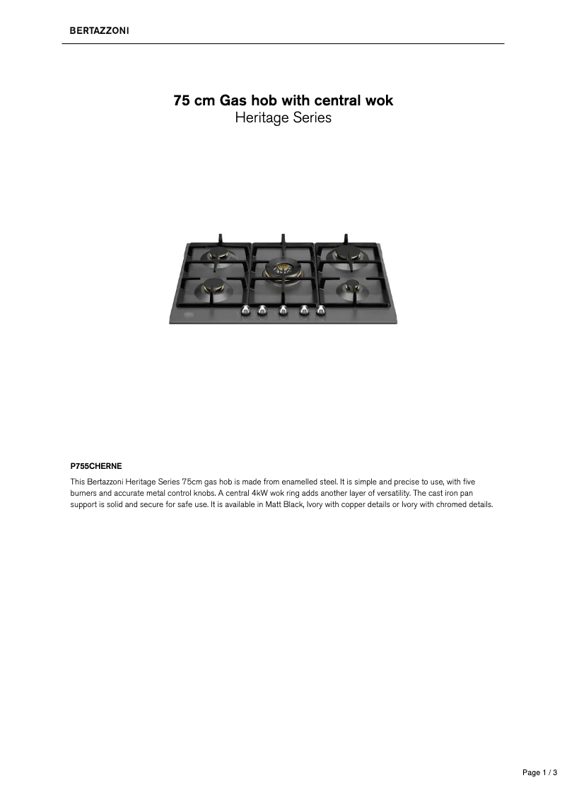 Page 1 de la notice Fiche technique Bertazzoni P755CHERNE