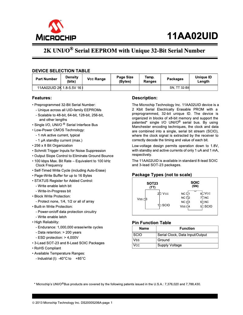 Page 1 de la notice Fiche technique Microchip 11AA02UID