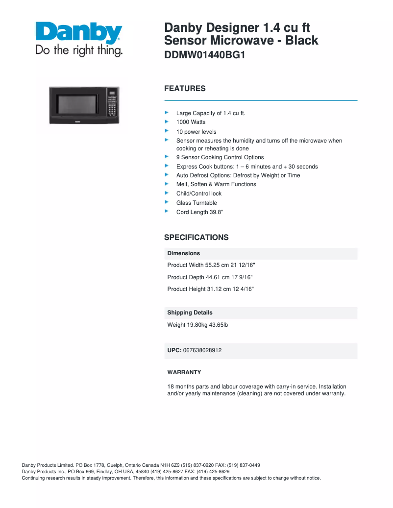 Page n°1 - Fiche technique Danby DDMW01440BG1