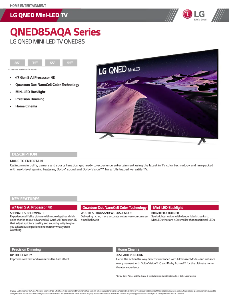 Page n°1 - Fiche technique LG 65QNED85UQA