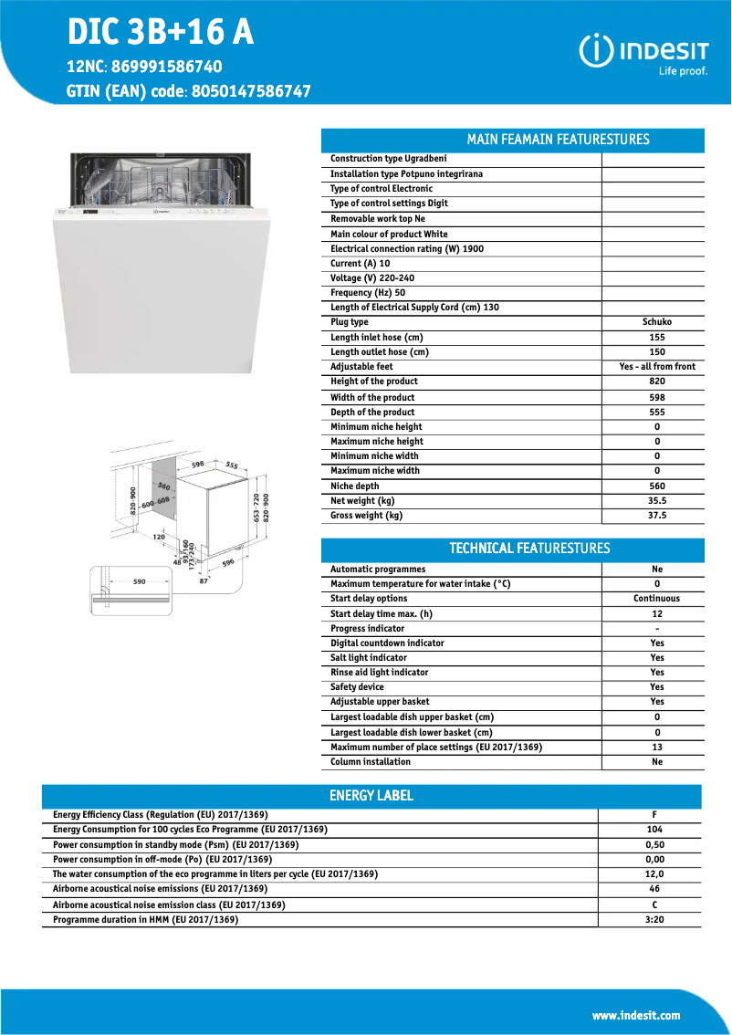 Page 1 de la notice Fiche technique Indesit DIC3B+16A