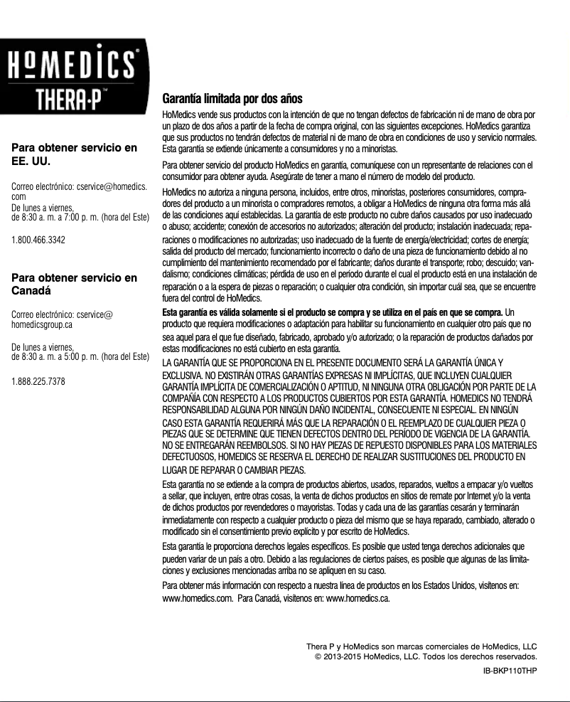 Page n°1 - Manuel utilisateur Homedics BKP-110H-THP