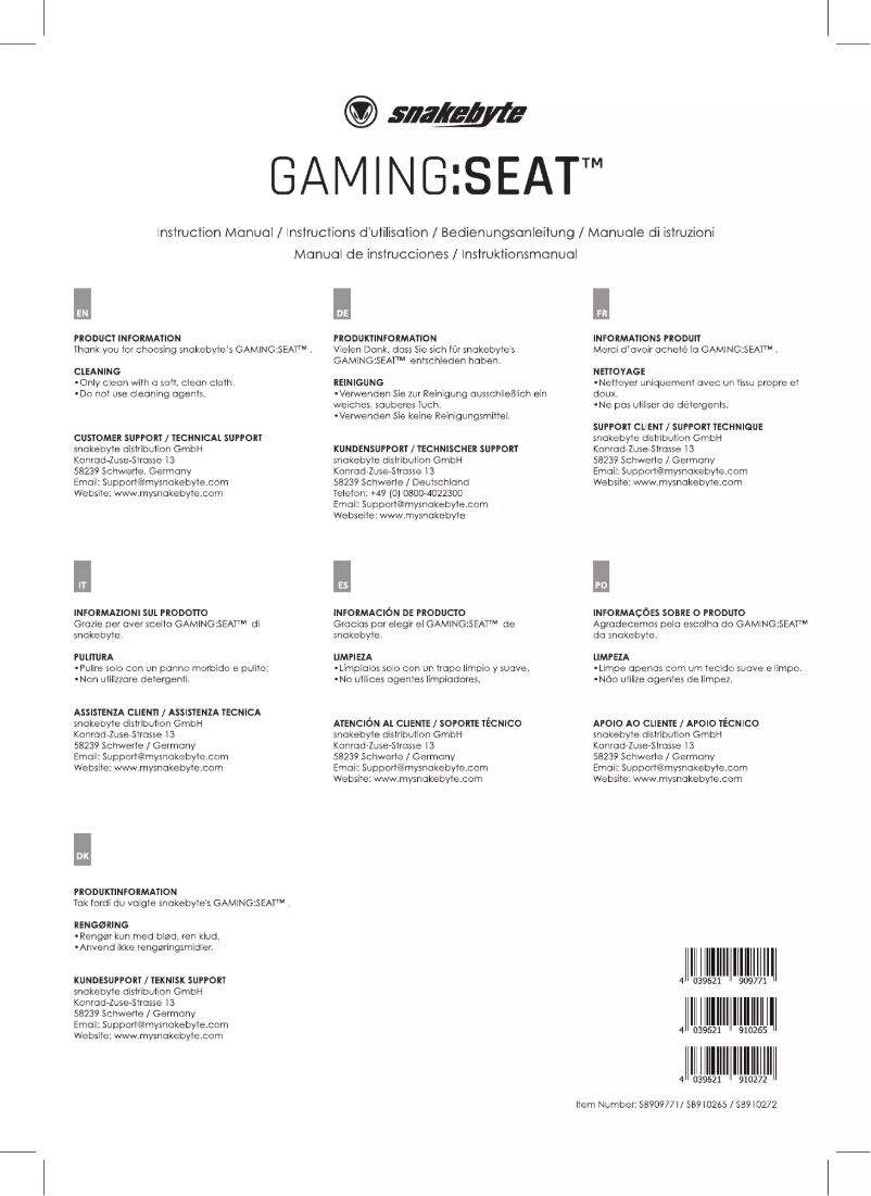 Page 1 de la notice Manuel utilisateur Snakebyte SB913471