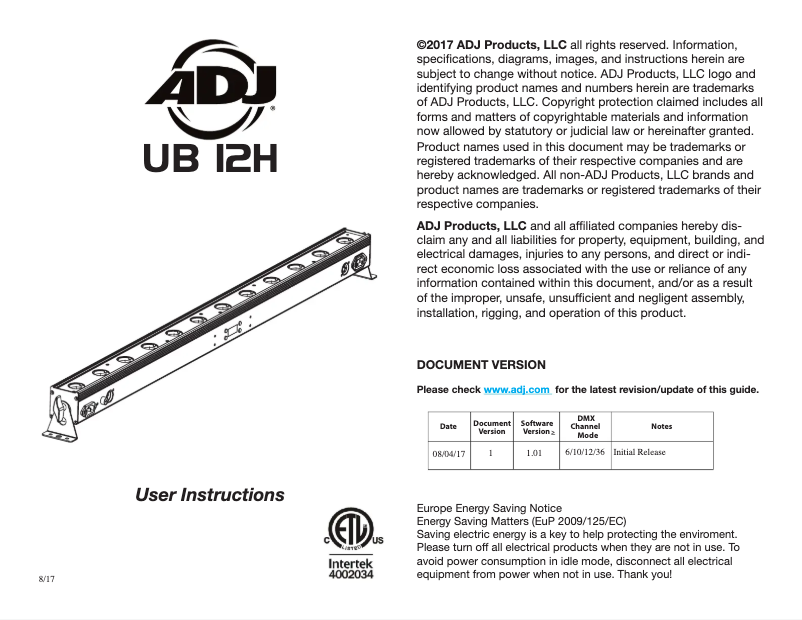 Page 1 de la notice Manuel utilisateur American DJ UB 12H