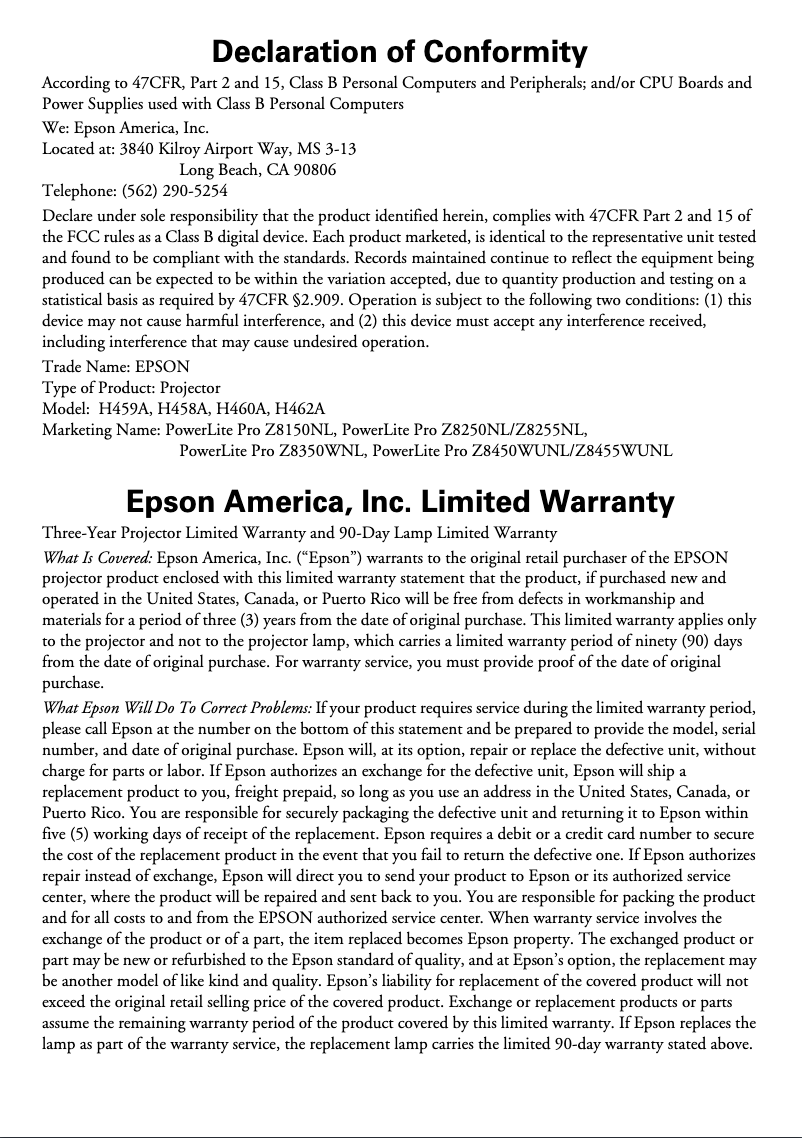 Página 1 del manual Información de garantía Epson PowerLite Pro Z8250NL