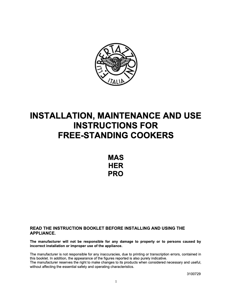 Page n°1 - Manuel utilisateur Bertazzoni PRO105I3EROT