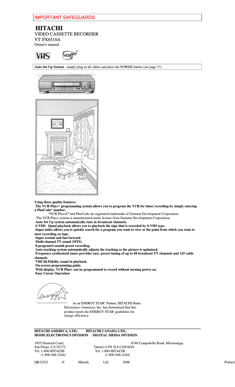 Page 1 de la notice Manuel utilisateur Hitachi VT-FX6510A