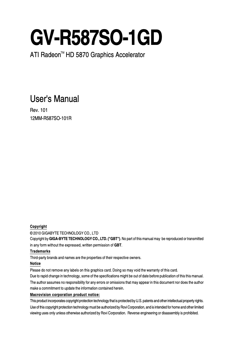 Page 1 de la notice Manuel utilisateur Gigabyte GV-R587SO-1GD