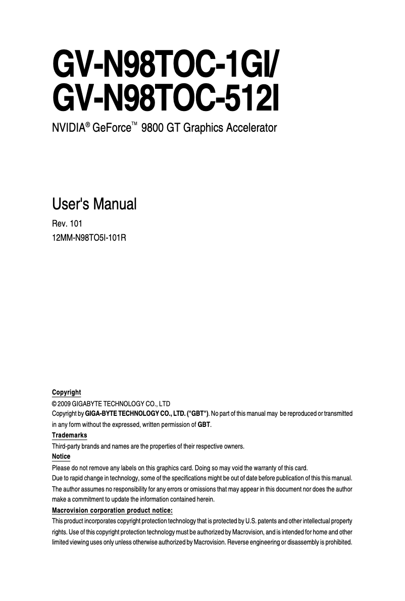 Image de la première page du manuel de l'appareil GV-N98TOC-512I