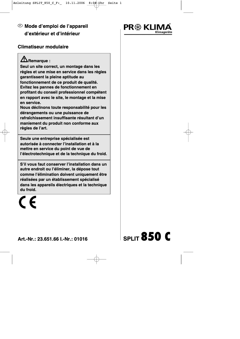 Page 1 de la notice Manuel utilisateur Proklima SPLIT 850 C