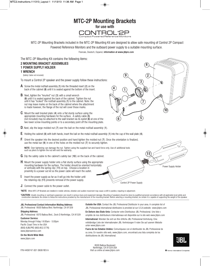 Page 1 de la notice Manuel utilisateur JBL MTC-2P