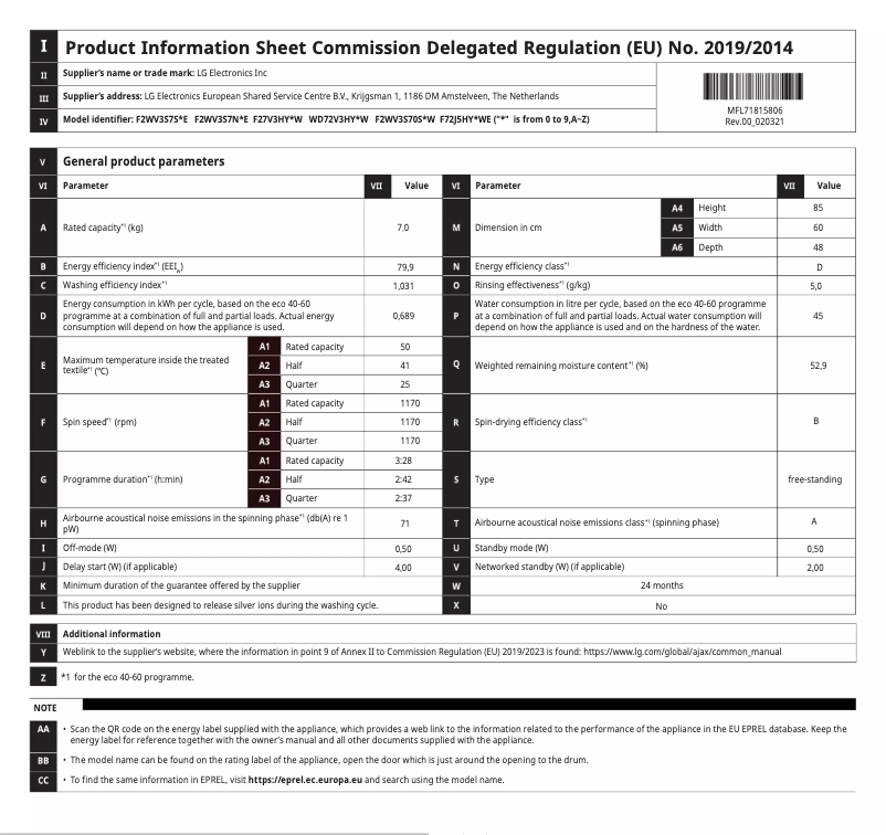 Page 1 de la notice Manuel utilisateur LG F2WV3S7S6E