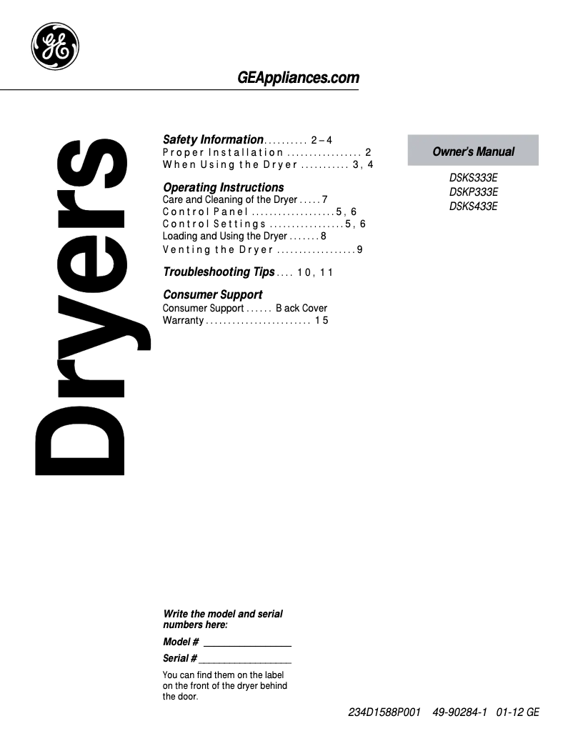 Page 1 of the manual User Manual GE DSKS433EBWW