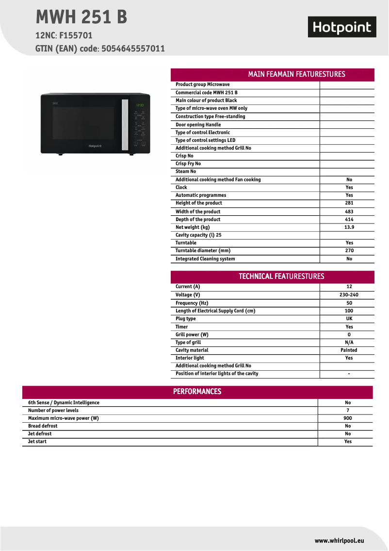 Page 1 de la notice Fiche technique Hotpoint MWH 251 B