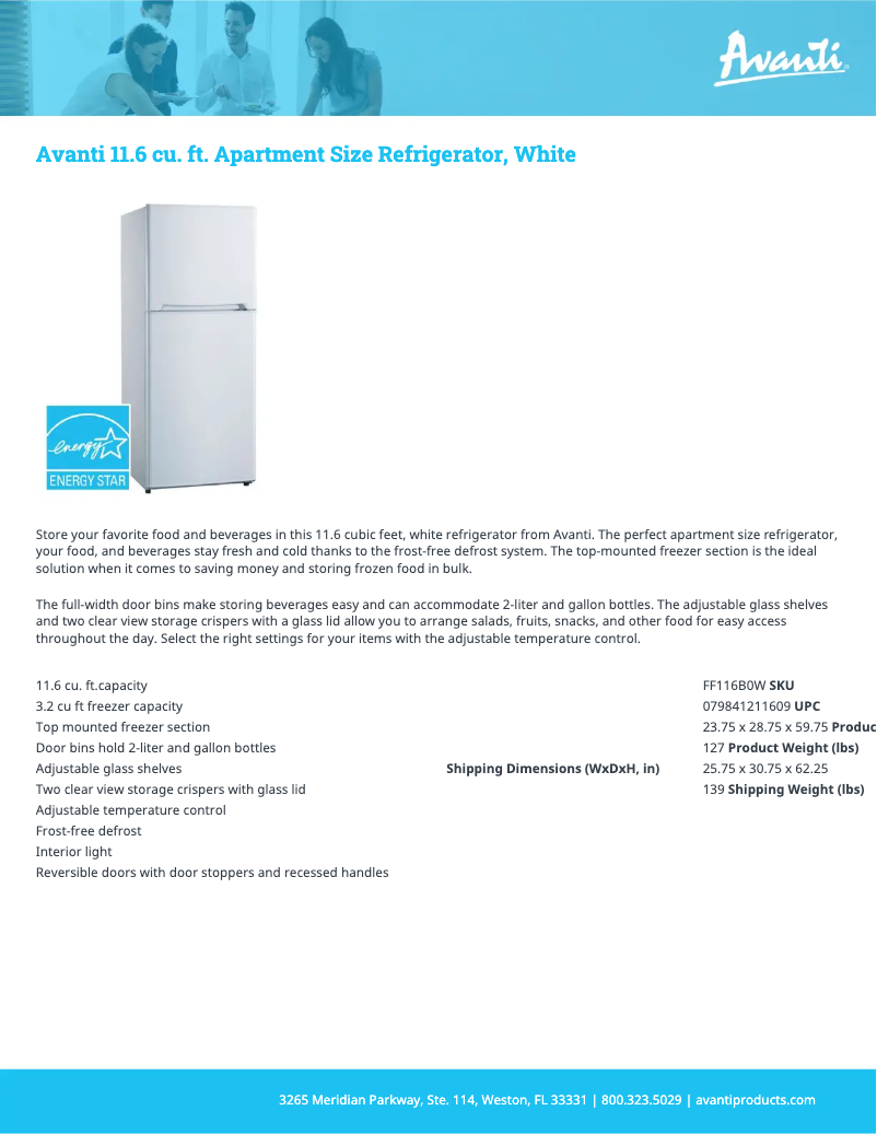 Page 1 de la notice Fiche technique Avanti FF116B0W