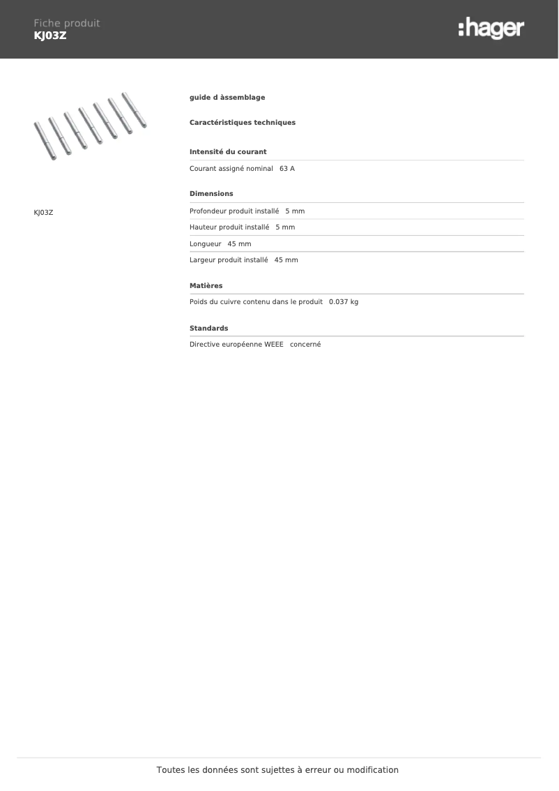 Page 1 de la notice Manuel utilisateur Hager KJ03Z