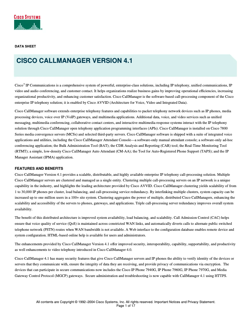 Image de la première page du manuel de l'appareil Call Manager 4.1