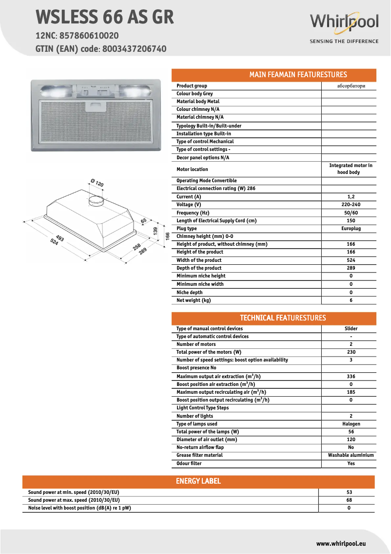 Page 1 de la notice Fiche technique Whirlpool WSLESS 66 AS GR