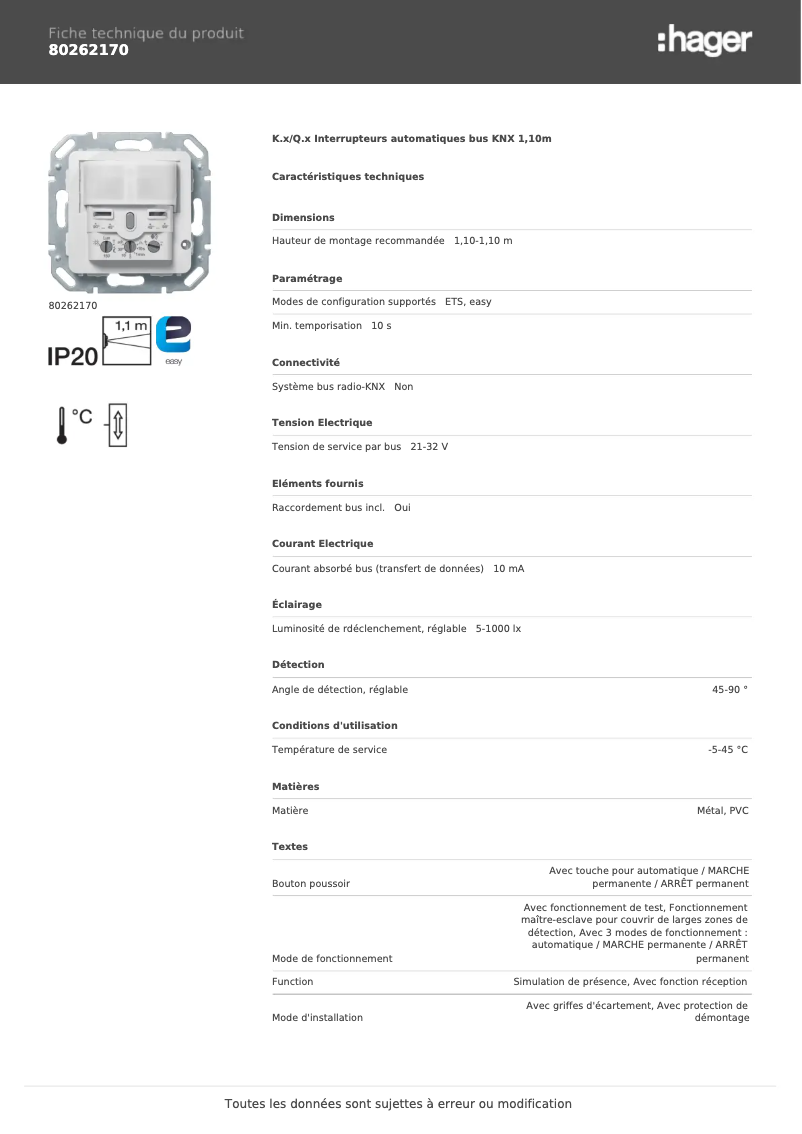 Page 1 de la notice Fiche technique Hager 80262170