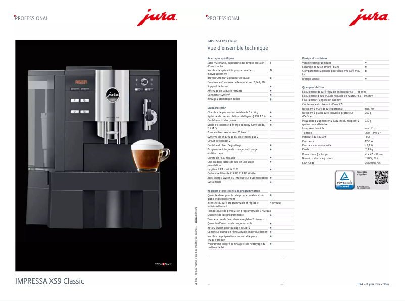 Page 1 de la notice Fiche technique Jura IMPRESSA XS9 Classic