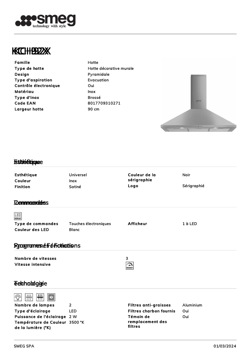 Page n°1 - Fiche technique Smeg KCH92X