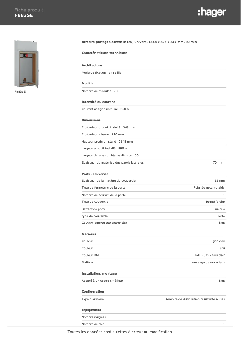 Page 1 de la notice Fiche technique Hager FB83SE