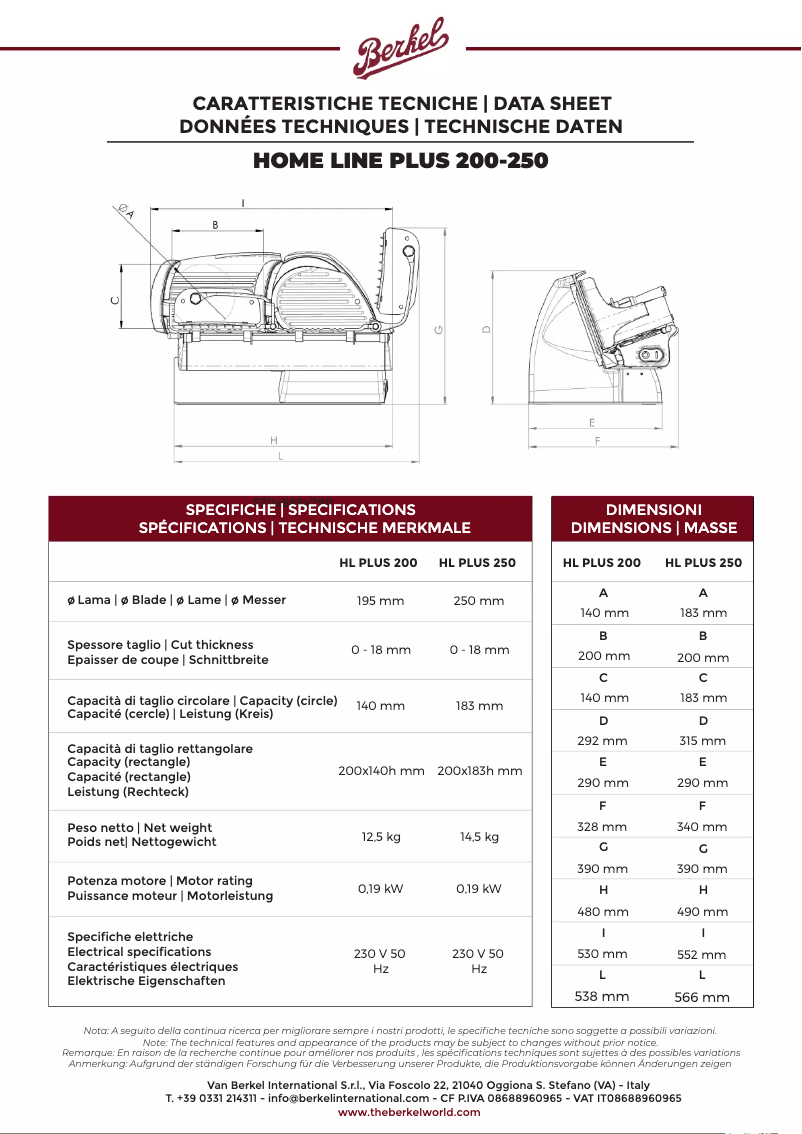 Page 1 de la notice Fiche technique Berkel Home Line Plus 200
