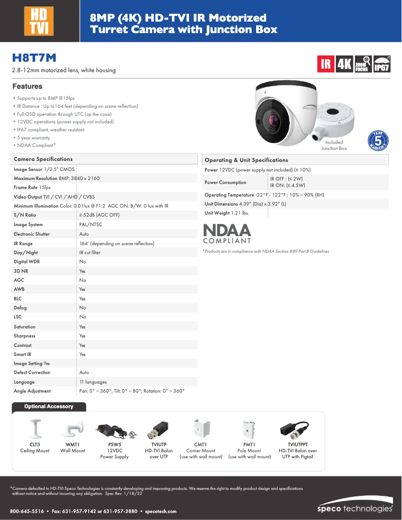 Page 1 of the manual Technical Sheet Speco Technologies H8T7M