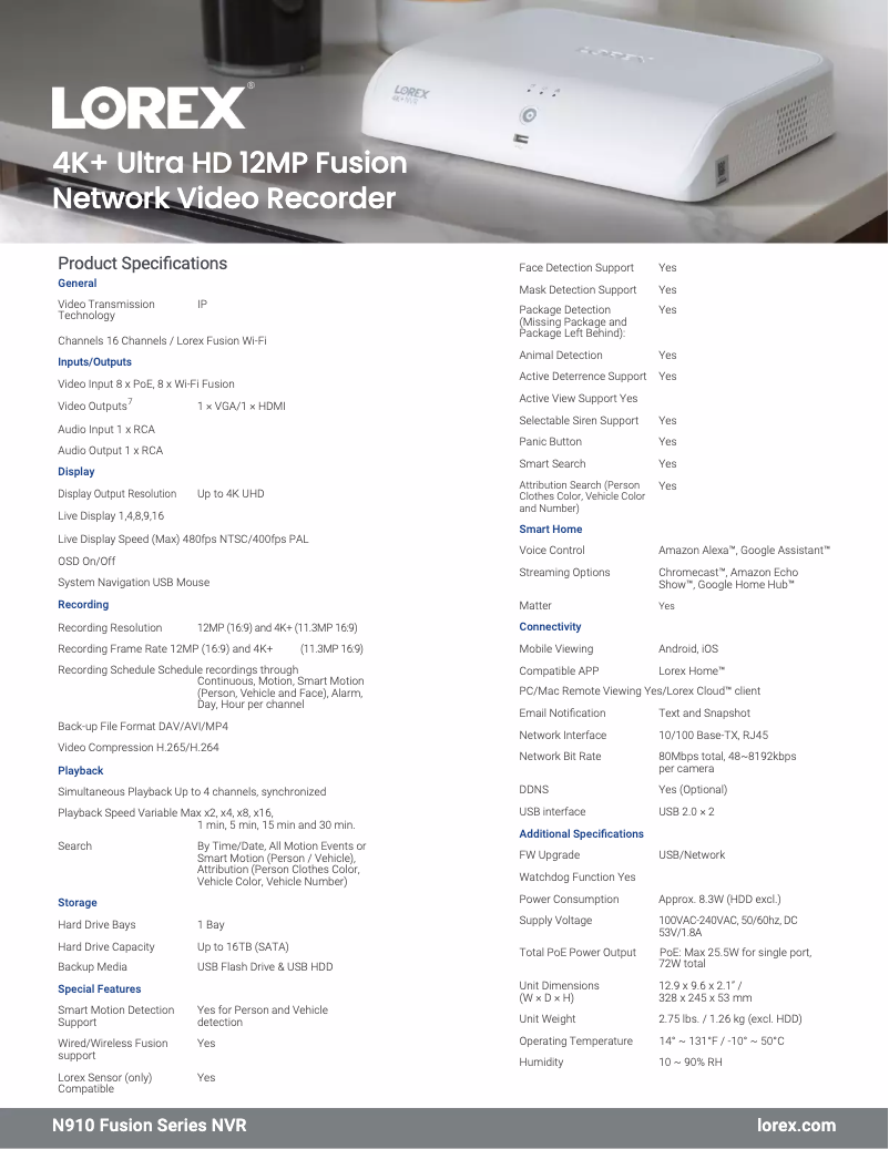 Page n°1 - Fiche technique Lorex N910A62