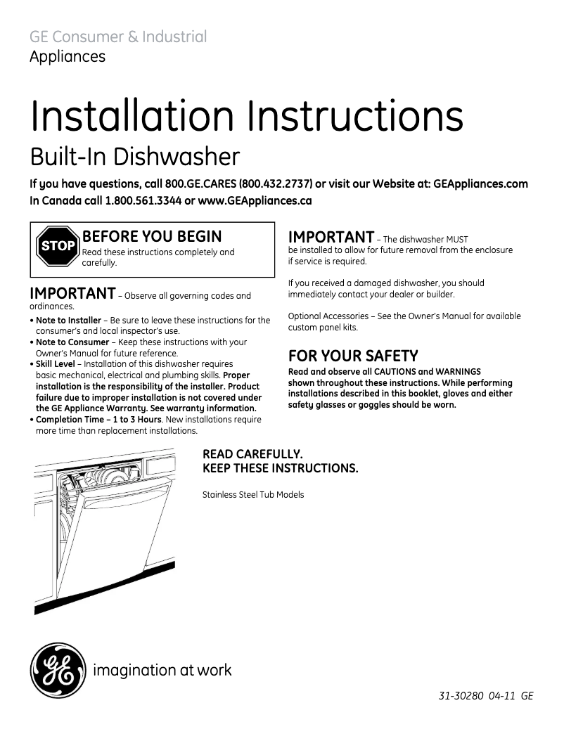 Page n°1 - Guide d'installation GE GDWF100VBB