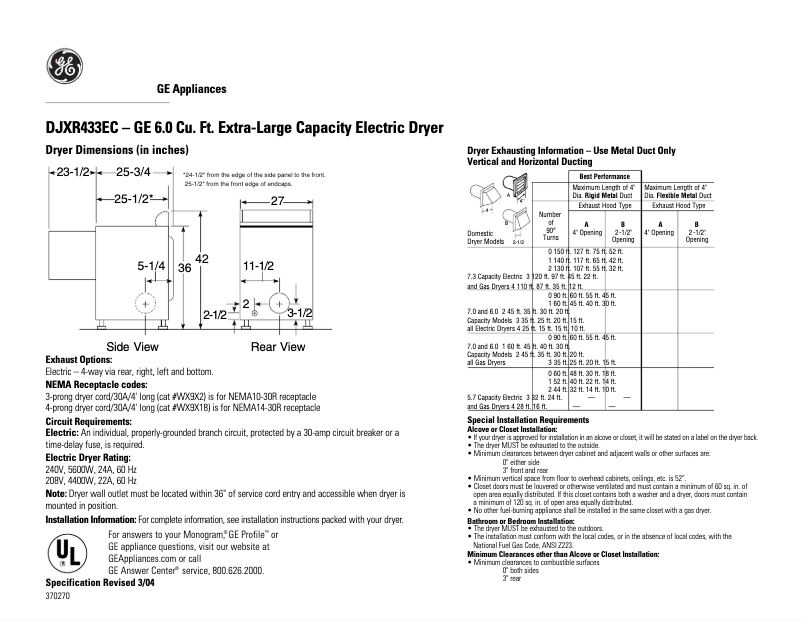 Página 1 del manual Ficha técnica GE DJXR433ECWW
