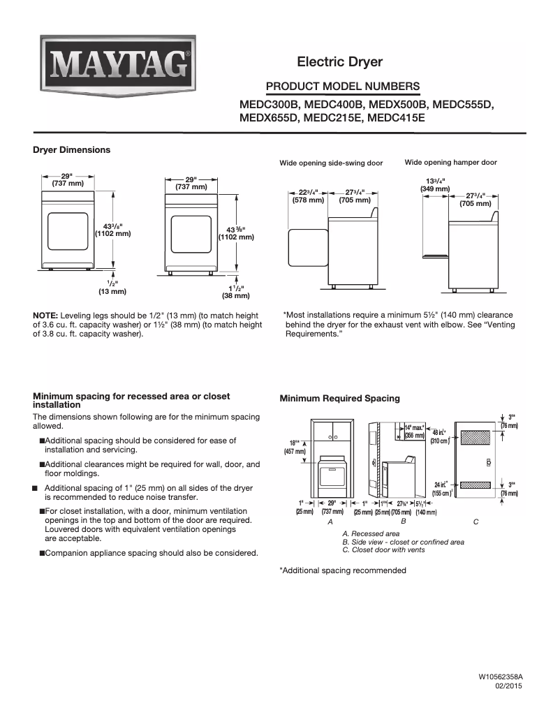 Page 1 de la notice Fiche technique Maytag MEDX655D