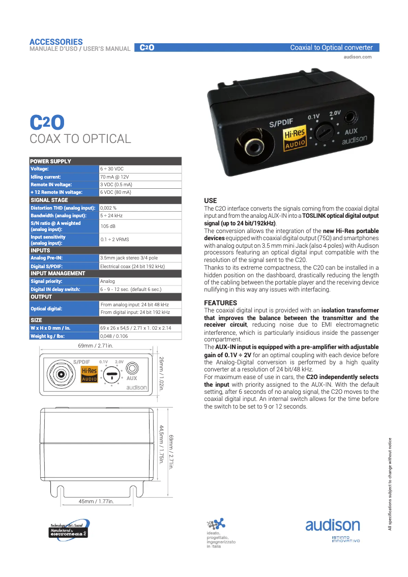 Page n°1 - Manuel utilisateur Audison Prima C2O