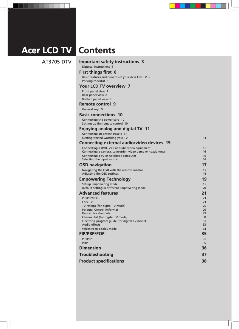 Imagen de la primera página del manual del dispositivo AT3705-DTV